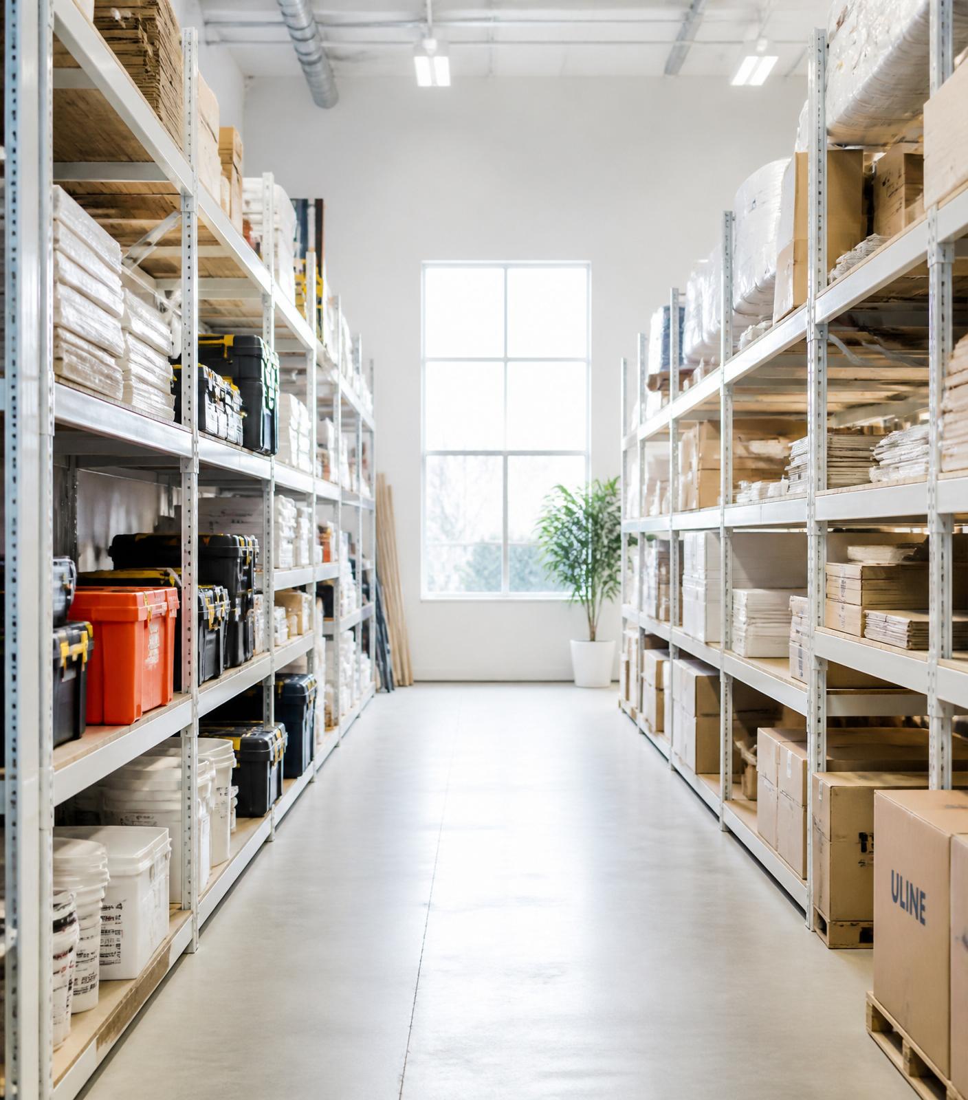 Volle magazijnstellingen met projectmateriaal dat vierkante meters bezet houdt