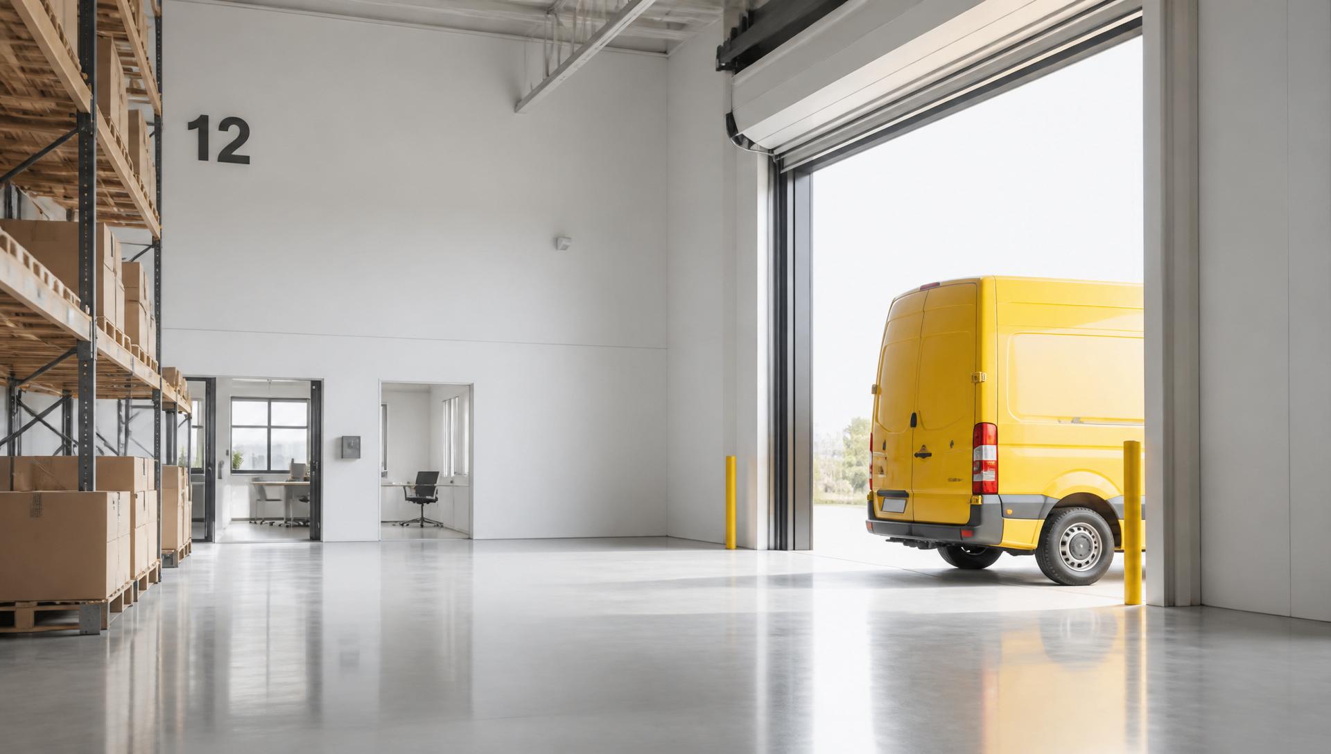 Gele Flits-bus bij het laaddock van een bedrijfspand